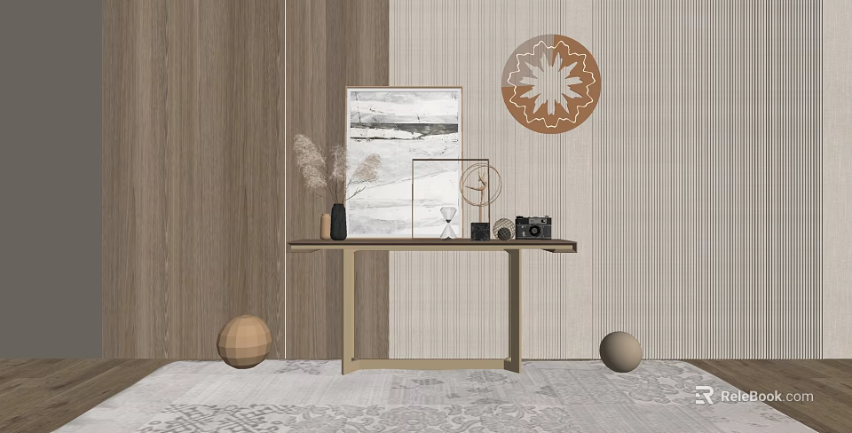 Modern Console Table With Wooden Wall Decorative Painting Circular Art Vase Camera And Spherical Ornaments 3d model 