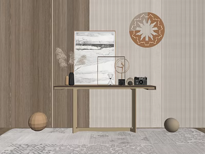 Modern Console Table With Wooden Wall Decorative Painting Circular Art Vase Camera And Spherical Ornaments 3d model