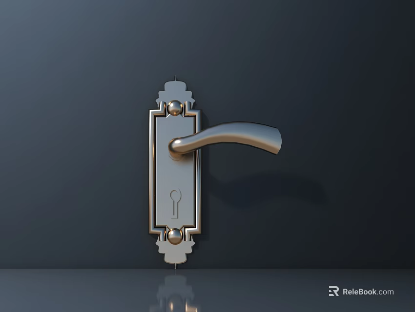 Silver Modern Door Handle with Decorative Base on Dark Door Surface 3d model 