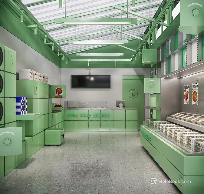 Green Themed Dessert Shop Interior With Glass Ceiling And Dessert Display Cases 3d model 