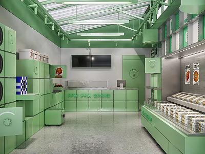 Green Themed Dessert Shop Interior With Glass Ceiling And Dessert Display Cases 3d model