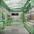 Green Themed Dessert Shop Interior With Glass Ceiling And Dessert Display Cases