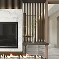 Modern Living Room Interior With TV Wall Fireplace Marble Coffee Table And Orange Chair