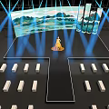 Stage Design with Colorful Lighting and Landscape Painting Backdrop Featuring Figure and White Blocks
