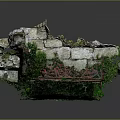 Outdoor Iron Bench With Carved Design Stone Structure And Green Mossy Surroundings