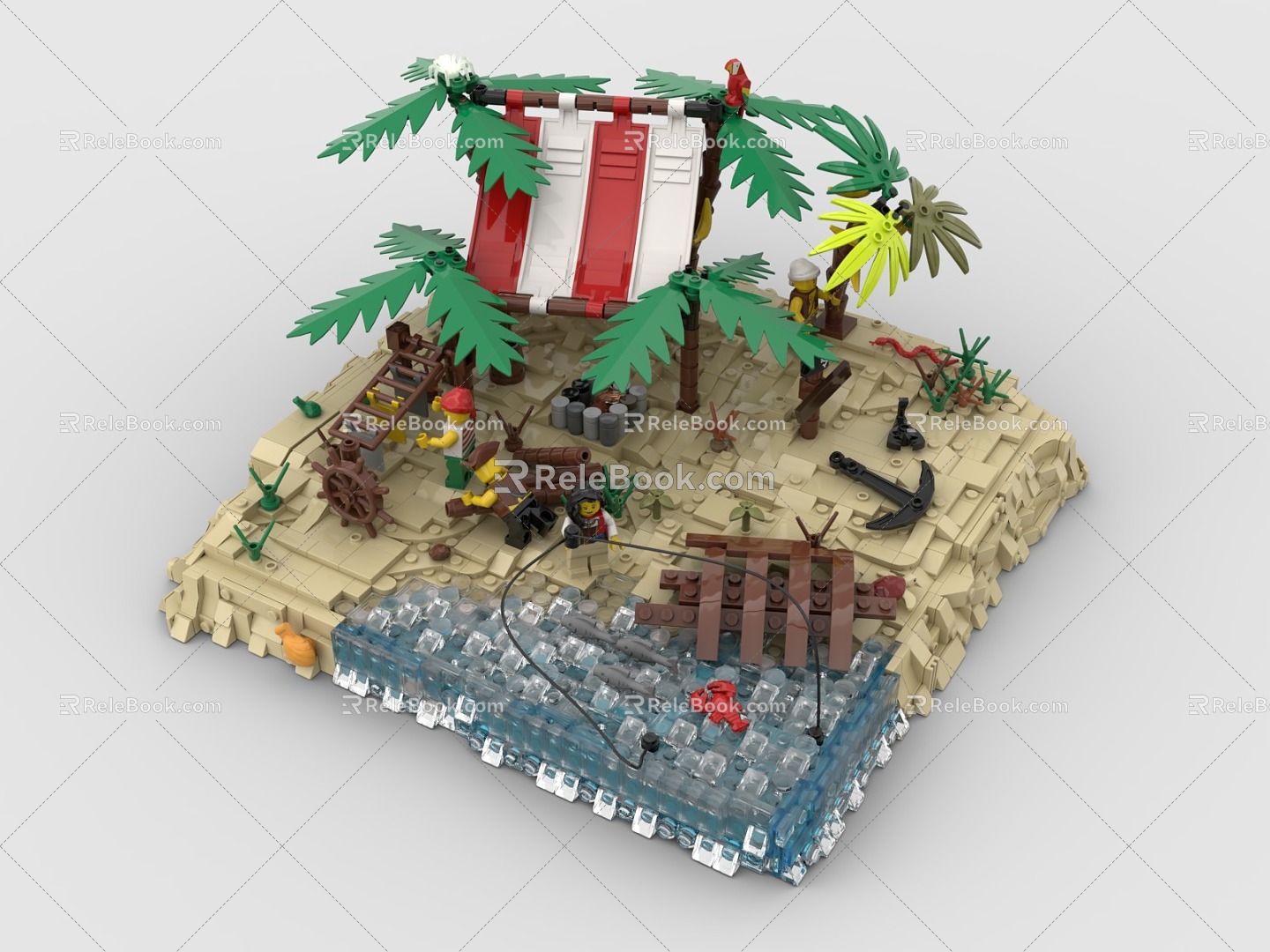 LEGO Toy Island Pirate Boat Fishing Trees Plants Beach Tent 3d model