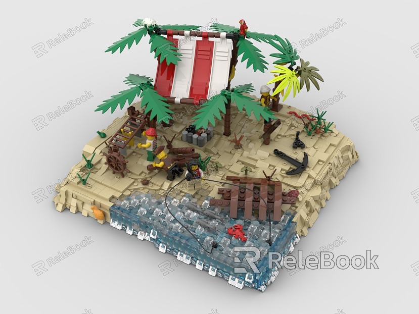 LEGO Toy Island Pirate Boat Fishing Trees Plants Beach Tent model