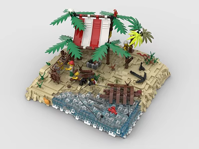 Building Blocks Tropical Island Scene With Sand Water Palm Trees Red White Flag And Figures 3d model