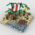 Building Blocks Tropical Island Scene With Sand Water Palm Trees Red White Flag And Figures