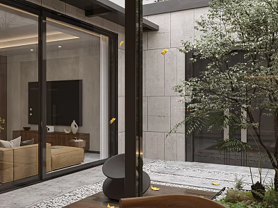 Modern Garden Landscape Design With Green Plants Stone Pathway And Glass Doors 3d model