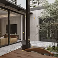 Modern Garden Landscape Design With Green Plants Stone Pathway And Glass Doors