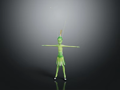 Green Game Movie Character With Antennae On Head Leaf Skirt Arms Outstretched Dark Background 3d model
