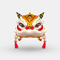 Traditional Chinese Lion Dance Head With Red Gold Ornate Patterns And Hanging Tassels 3d model