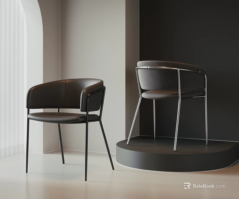 Modern Black Leather And Gray Fabric Leisure Chairs With Metal Legs In Minimalist Interior 3d model 