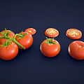 Fresh Tomatoes Whole With Green Stems And Sliced Arranged In A Row On Dark Background