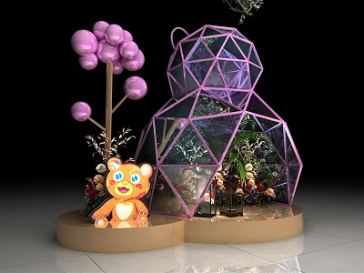 Purple Glass Geometric Decorative Display With Cartoon Tiger And Balloon Ornaments 3d model