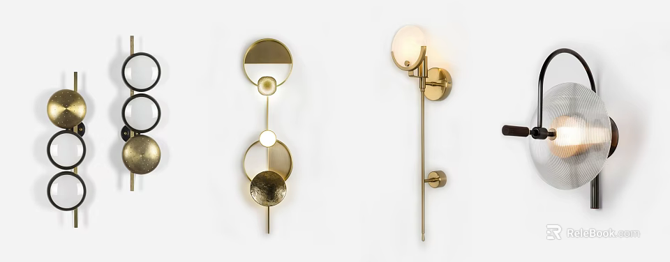 Modern Brass Wall Lamps With Circular Elements Long Rod And Spherical Shade 3d model
