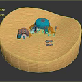 Cartoon Scene With Sandy Ground Blue Dome Tent Orange Tent Parts And Blue Toy Car