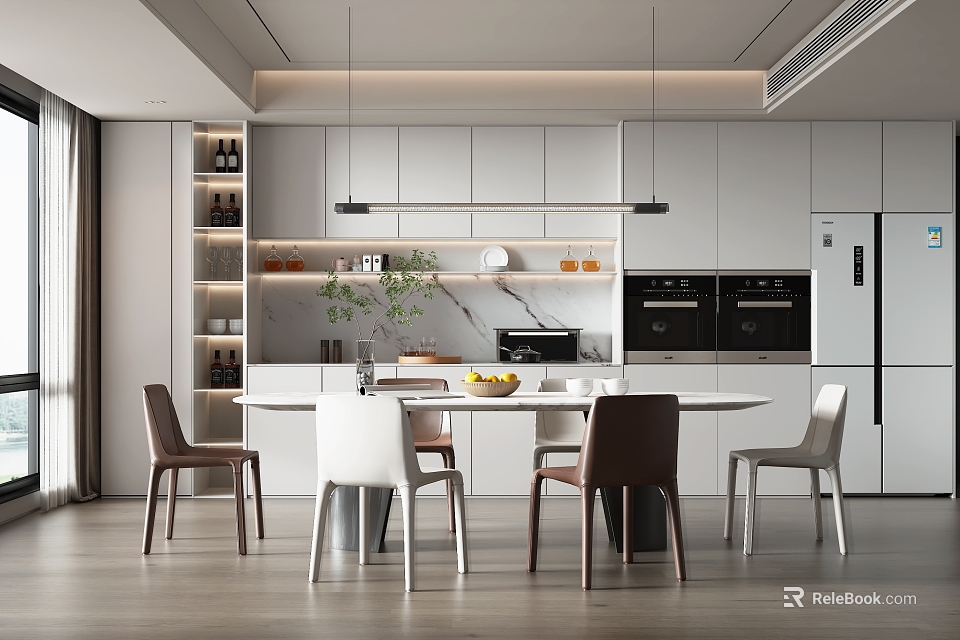 Modern Dining Living Room Interior Design With White Cabinetry Marble Countertop Dining Table And Chairs 3d model 