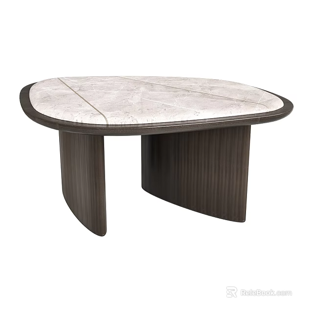 Oval Coffee Table With Marble Top And Dark Wooden Striped Legs Modern Design 3d model 