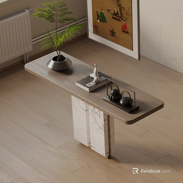 Modern Entryway Console Table With Marble Base And Decorative Plant Ornaments 3d model 