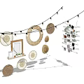 Bohemian Wall Decor With Circular Woven Mirrors Picture Frames And String Lights 3d model