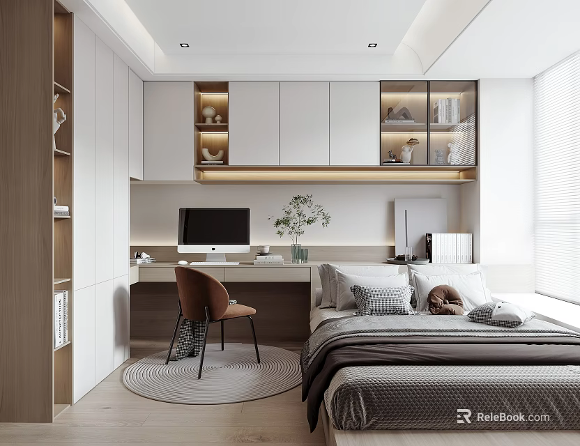 Modern Tatami Bedroom Interior Design With Bed Desk And Wooden Cabinets 3d model 