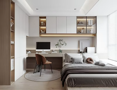 Modern Tatami Bedroom Interior Design With Bed Desk And Wooden Cabinets 3d model
