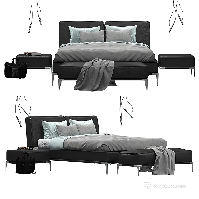 Modern Double Bed Design With Gray Bedding Black Frame And Bedside Stools 3d model