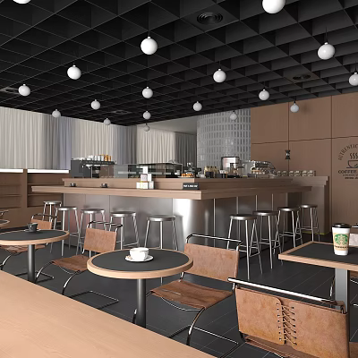 Modern Restaurant Interior With Bar Counter High Stools Round Tables And Pendant Lights 3d model