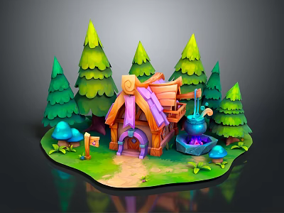 Enchanting Natural Scene With Pine Trees Wooden Cottage Mushrooms Grassy Path And Magic Cauldron 3d model