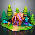 Enchanting Natural Scene With Pine Trees Wooden Cottage Mushrooms Grassy Path And Magic Cauldron