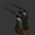 Twin Barrel Weapon Design Featuring Mechanical Mount And Rustic Base Structure 3d model