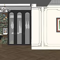 Elegant Walk in Closet Interior With Dark Glass Cabinets Floral Wallpaper And Herringbone Wood Floor