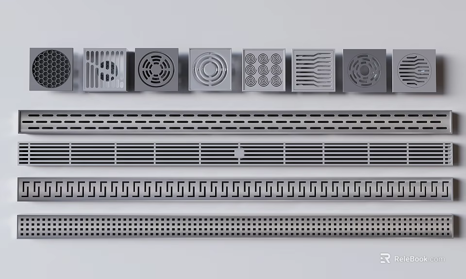 Modern Bathroom Accessories with Different Designed Drain Grates and Various Patterns 3d model 
