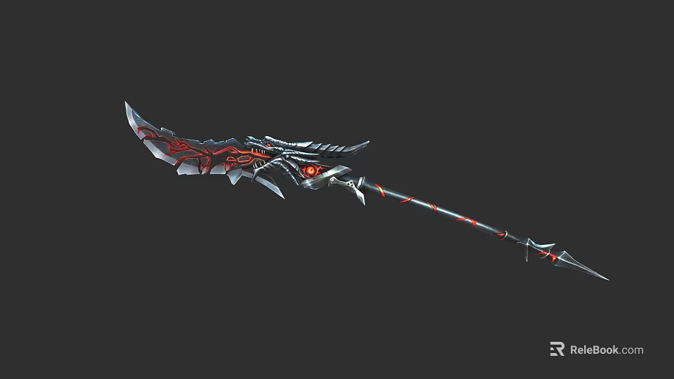 Mythical Dragon Themed Weapon With Red Accents Glowing Eye And Spiked Long Handle 3d model 