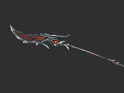 Mythical Dragon Themed Weapon With Red Accents Glowing Eye And Spiked Long Handle 3d model
