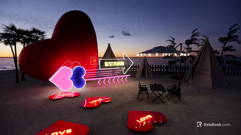 Outdoor Garden Decor Featuring Heart Shaped Neon Installations And LOVE Signs On Beach 3d model 