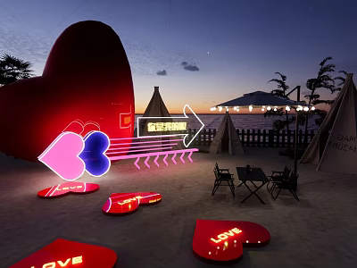 Outdoor Garden Decor Featuring Heart Shaped Neon Installations And LOVE Signs On Beach 3d model