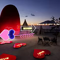 Outdoor Garden Decor Featuring Heart Shaped Neon Installations And LOVE Signs On Beach
