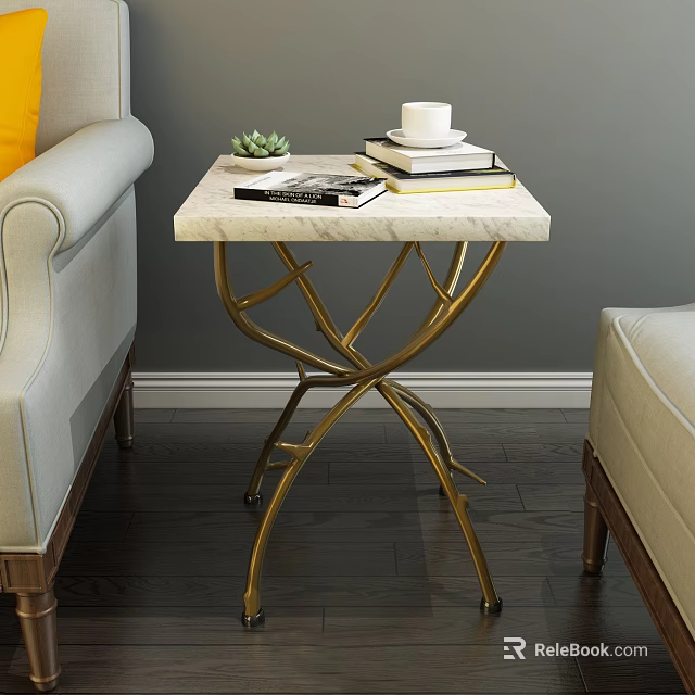 Elegant Side Table with Marble Top Gold Branch Frame featuring Books White Cup Succulent Plant 3d model 