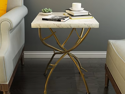 Elegant Side Table with Marble Top Gold Branch Frame featuring Books White Cup Succulent Plant 3d model