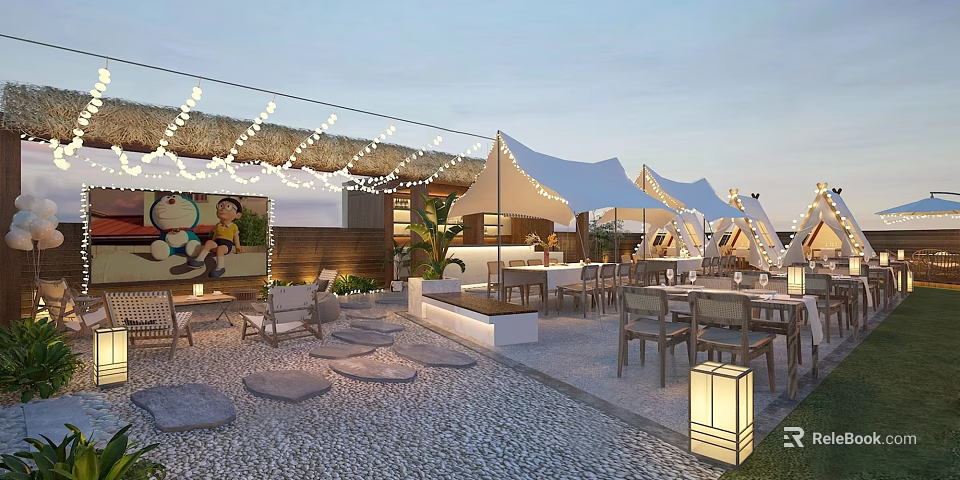 Rooftop Restaurant Terrace With White Canopies String Lights Outdoor Seating Pebble Flooring 3d model 