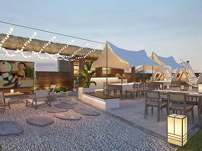 Rooftop Restaurant Terrace With White Canopies String Lights Outdoor Seating Pebble Flooring 3d model