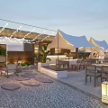 Rooftop Restaurant Terrace With White Canopies String Lights Outdoor Seating Pebble Flooring