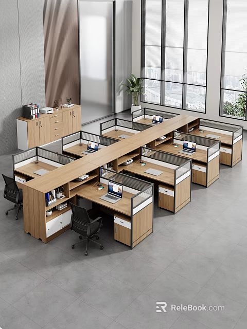 Modern Wooden Office Desks With Partitioned Workstations In Bright Open Workspace With Computers And Plants 3d model 