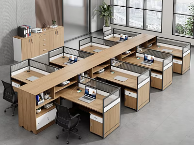 Modern Wooden Office Desks With Partitioned Workstations In Bright Open Workspace With Computers And Plants 3d model