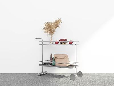 Stainless Steel Trolley With Decorative Dried Grass Red Fruits Beige Bag And Bottles 3d model