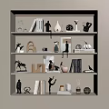 Stylish Decorative Ornament Combinations on Display Shelves with Statues Vases Books and Decorative Pieces