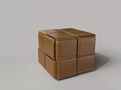 Brown Leather Cube Shaped Ottoman With Stitched Details For Home Decor 3d model